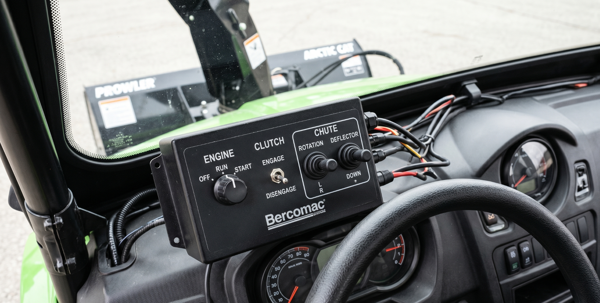 A close-up image of the electrical control box that comes with each Arctic Cat Prowler by Bercomac, including clutch, chute, and engine controls.