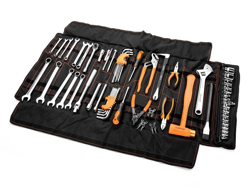 UTV Ultimate Tool Kit by SuperATV An image of a large hand tool kit laid out flat inside an open black fabric tool roll with orange stitching against a plain white background.