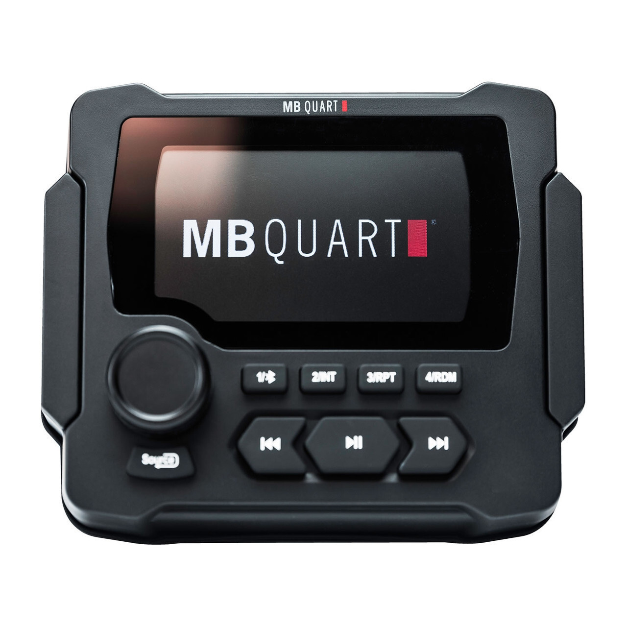 A Bluetooth AM/FM Gauge Mount Radio with LED Color Display by MB Quart, uninstalled and pictured against a blank background